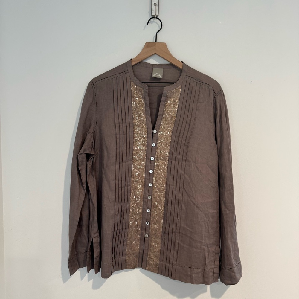 Poetry Taupe Linen Sequin Button Down Blouse UK 16 Boho Chic